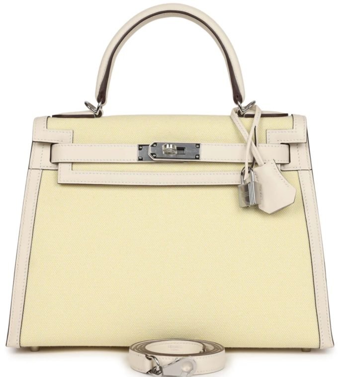 oC2YRMNSxi3rr2BptpNQ Hermes Handbags Kelly 28 Nata Swift and Jaune Citron Toile H Canvas Palladium Hardware - Image 1