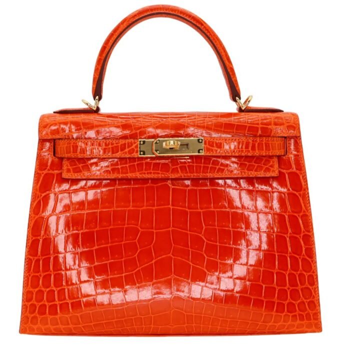 Hermes Handbags Hermès Kelly 28 Sellier Shiny Niloticus Crocodile Orange Gold Hardware - Image 1